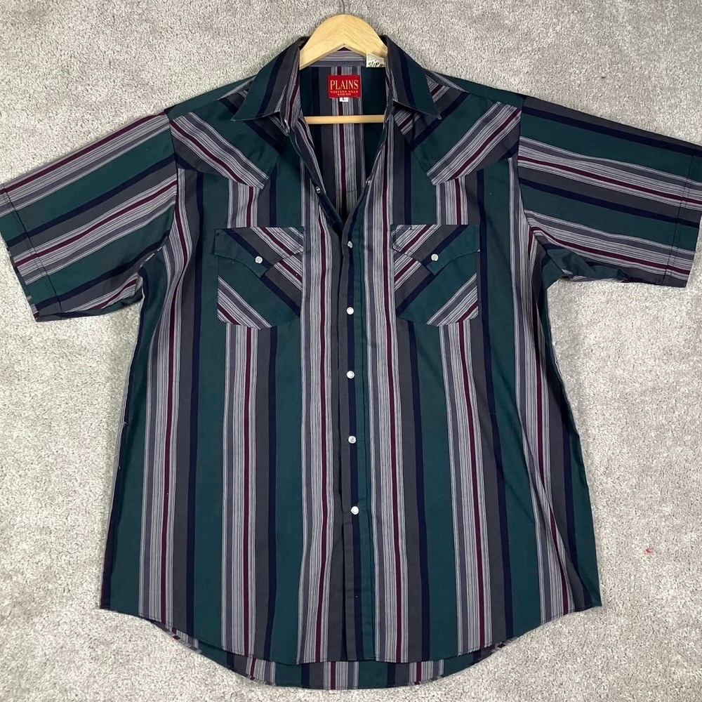 Plains Western Wear Shirt Mens Large Green Striped Short Sleeve Pearl Snap Yoke